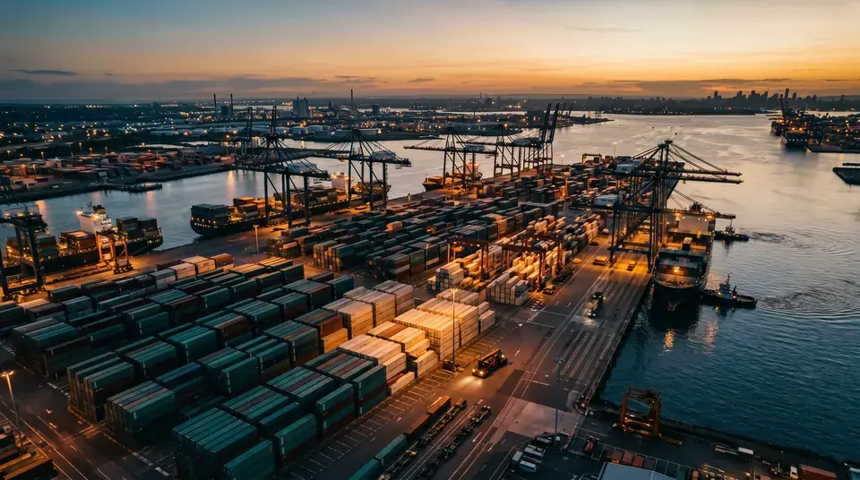 Container shipping port at dusk, NAH Foods LTD exports across the UK, Europe, Middle East, Asia and the Americas