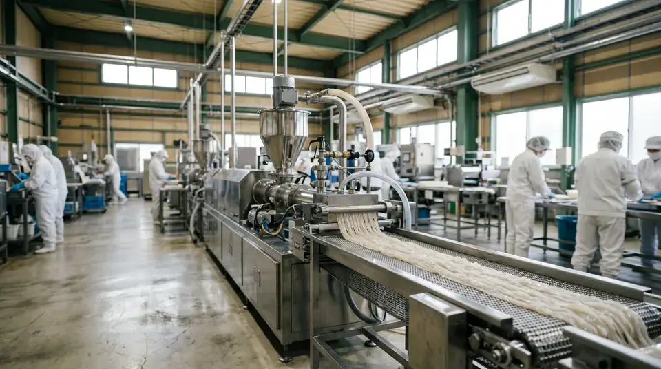 Inside a NAH Foods LTD konjac noodle production facility with stainless steel extrusion lines and workers in hygienic uniforms.