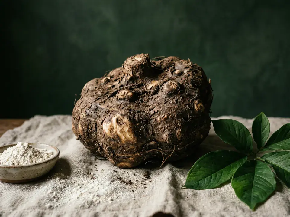 Whole konjac corm on linen with raw konjac flour, the raw material behind shirataki noodles and low-calorie rice.